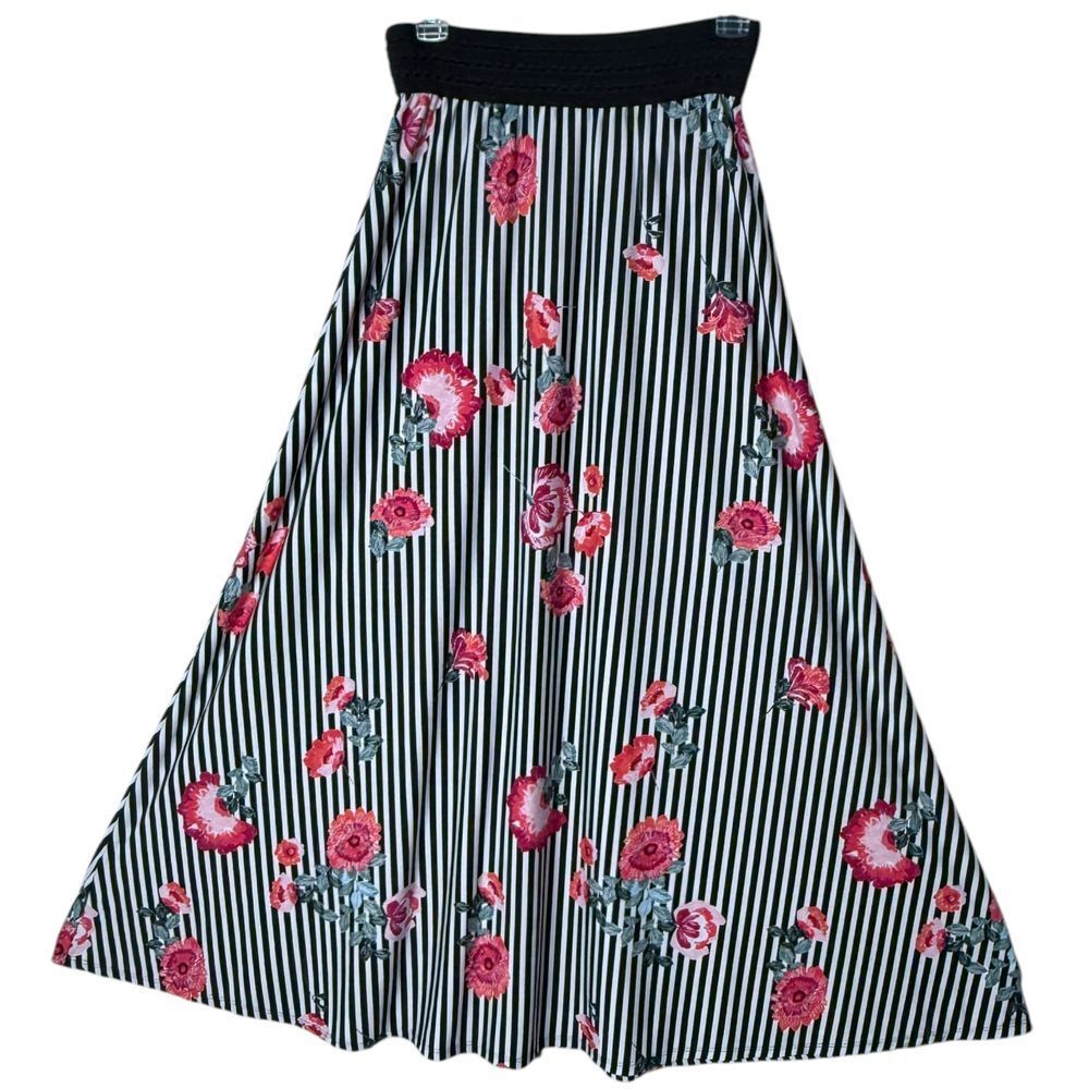 Womens Floral Striped Long Maxi Skirt Size S Black Maximalist Flowy Statement